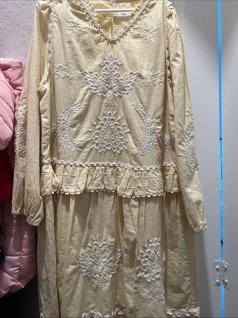 Zara Cream Embroidered Long-Sleeve Midi Dress with Ruffle Hem